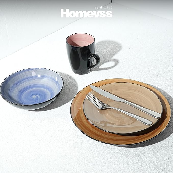 Sonoma 16pc Stoneware Dinnerware Set Outside Black + Inside Hand Painting Combi Colors of Cobalt Mocha Rose and Spice with Speckle