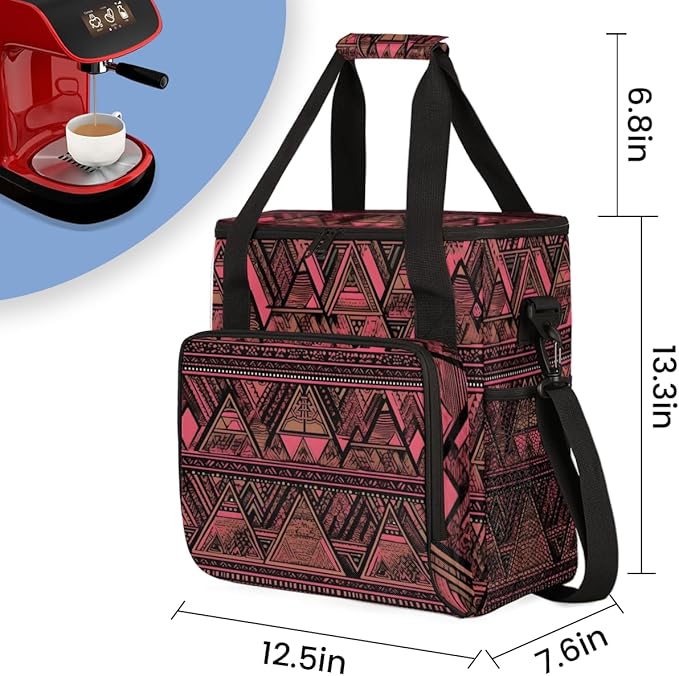 Retro Red Aztec Coffee Maker Carrying Bag Geometry Travel Storage Bag Compatible with K-Mini or K-Mini Plus Single Serve Coffee Brewer Carrying Case with Multiple Pockets &amp Shoulder Strap
