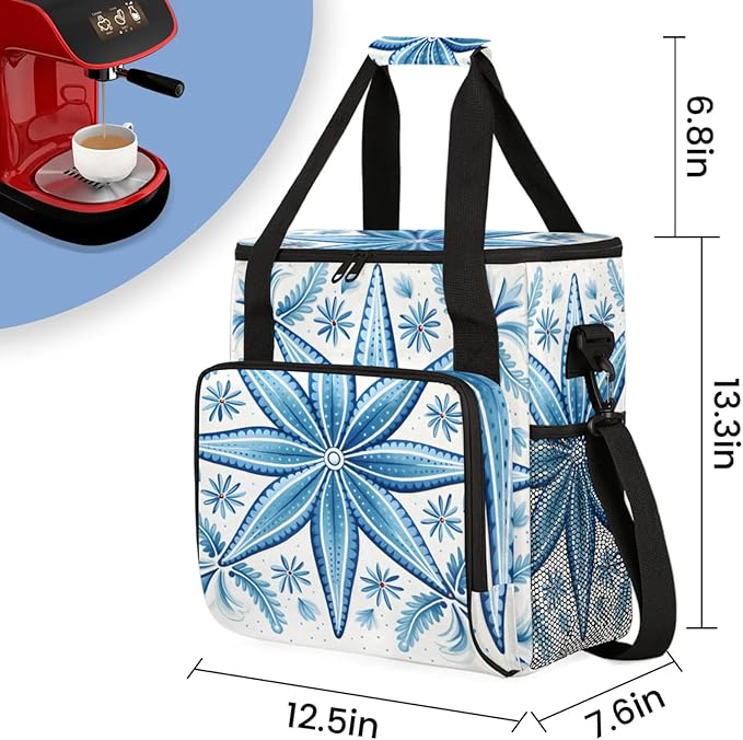 Blue Flowers Style Coffee Maker Travel Bag for Keurig K-Mini/K-Mini Plus Insulated Waterproof Tote with Pockets for K-Cup Portable Single-Serve Brewer Case