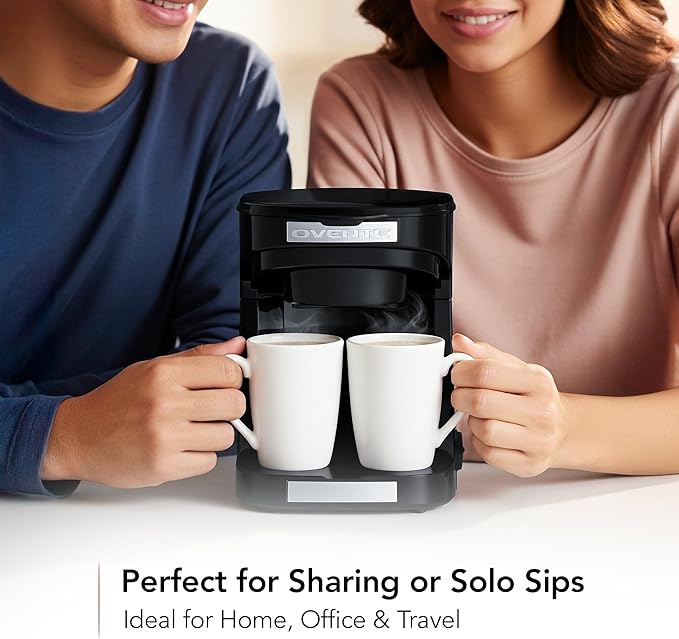 OVENTE Double Drip Coffee Maker with 2 Ceramic Mugs and Auto Shut Off Small Dual Drip Coffee Maker Machine Works with Ground Coffee Only Compact Kitchen or Office Essential Black CMDD2MB