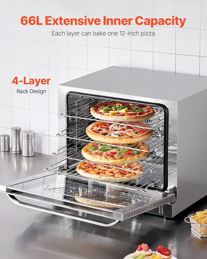 VEVOR Commercial Countertop Oven 66L 4-Tier Toaster Ovens with Tempered Glass Door Wire Racks &amp Tray 2800W Stainless Steel Baking Ovens for Restaurant Bakery (AC208~240V60Hz 6-20P Plug &amp