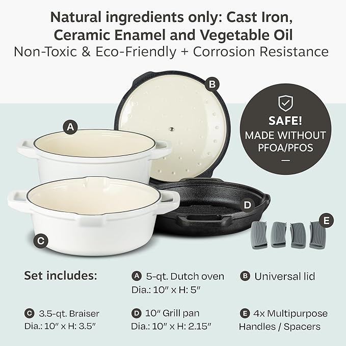 NATIVO 5pc Stackable Cast Iron Cookware Set Versatile Enamel Dutch Oven Seasoned Grill Pan &amp Enamel Braiser with Precision Pour Spouts Universal Lid Included Spacers/Handle Holders White Dutc