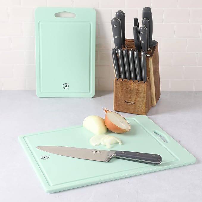 Martha Stewart Lockton Premium Nonstick 10 Piece Enamel Aluminum Pots and Pans Cookware Set + Martha Stewart BPA Free Plastic Cutting Board (16 x 12 and 12 x 8) - Martha Blue