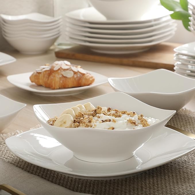 Gibson Home Brentwood 40-Piece Dinnerware Set – Square White Porcelain Plates and Bowls Service for 8 Dishwasher &amp Microwave Safe Modern Everyday Dinner Set with Cereal Dessert and Entrée Bow