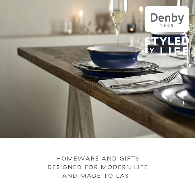 Denby - Imperial Blue Dinner Set for 4-12 Piece Ceramic Tableware Set Blue White - Dishwasher Microwave Safe Crockery Set - 4 x Dinner Plate 4 x Small Plate 4 x Cereal Bowl