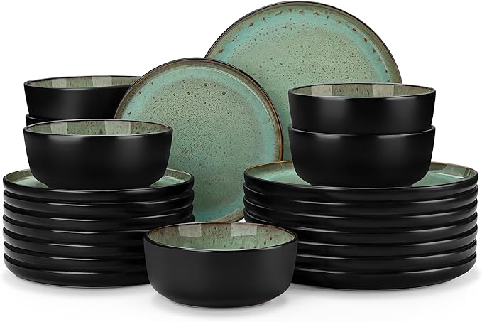 vancasso Plates and Bowls Sets 24 Pieces Stoneware Dinnerware Sets for 8 Kitchen Dish Set Mircowave and Dishwasher Safe Ceramic Dishware Turf Green Series AMBER