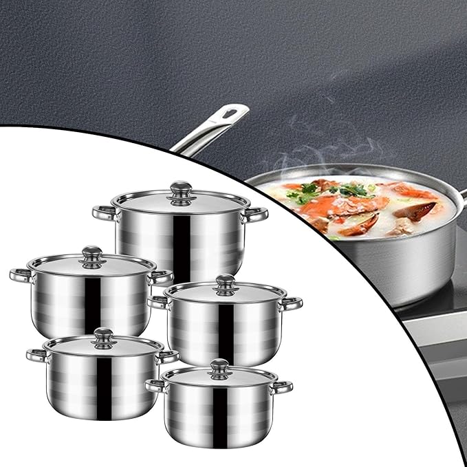 5x Kitchen Cookware Set Soup Pot Easy to Clean Nonstick Portable Sauce Pot Set Kitchen Induction Pot for Kitchen Outdoor Argent Handle