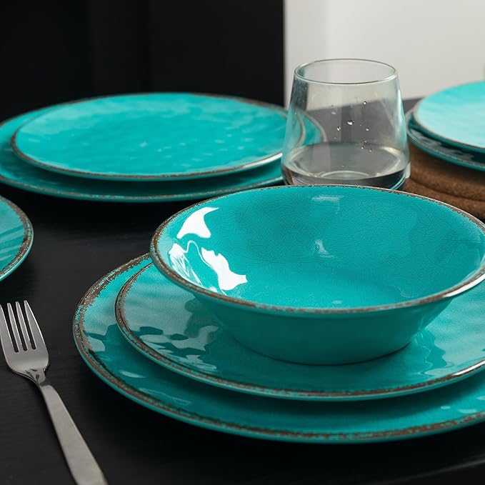 LEHAHA Rustic Melamine Dinnerware Sets 12-piece Dishes Plastic Dinnerware Set for 4 Break-resistant Plates and Bowls Set Outdoor Casual &amp Party Use Kitchen Dishes Set Teal…