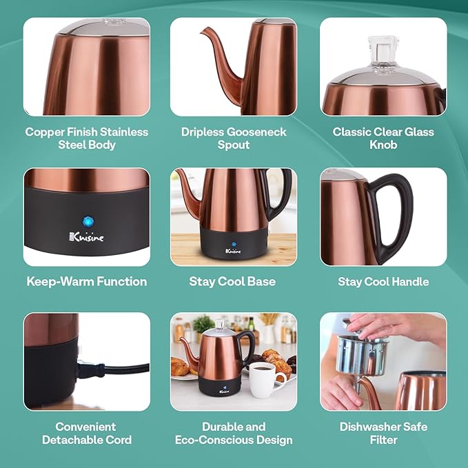 Euro Cuisine PER04 Stainless Steel Electric Coffee Percolator 4 Cup Polished Copper Finish Dripless Gooseneck Spout Clear Glass Knob Brewing Indication Keep-Warm Function Detachable Cord