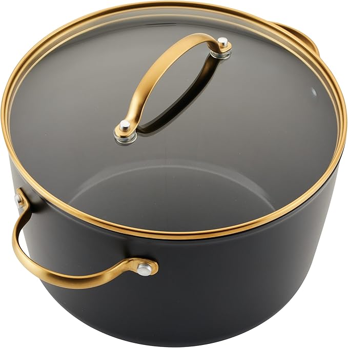 Farberware Forged Induction Ceramic Nonstick Pots and Pans Set with Lids and Kitchen Cooking Tools - Dishwasher Safe Suitable for All Stovetops 12 Piece Cookware Set - Black and Gold
