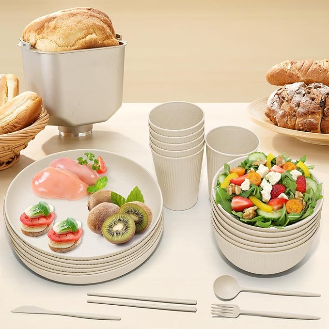 Wheat Straw Dinnerware Sets -DAPIPIK 42 Piece Unbreakable Dinnerware Sets for 6 Kitchen Plates and Bowls Set Lightweight Camping Plates Cups and Bowls Set.Dishwasher Microwave Safe Dinnerware