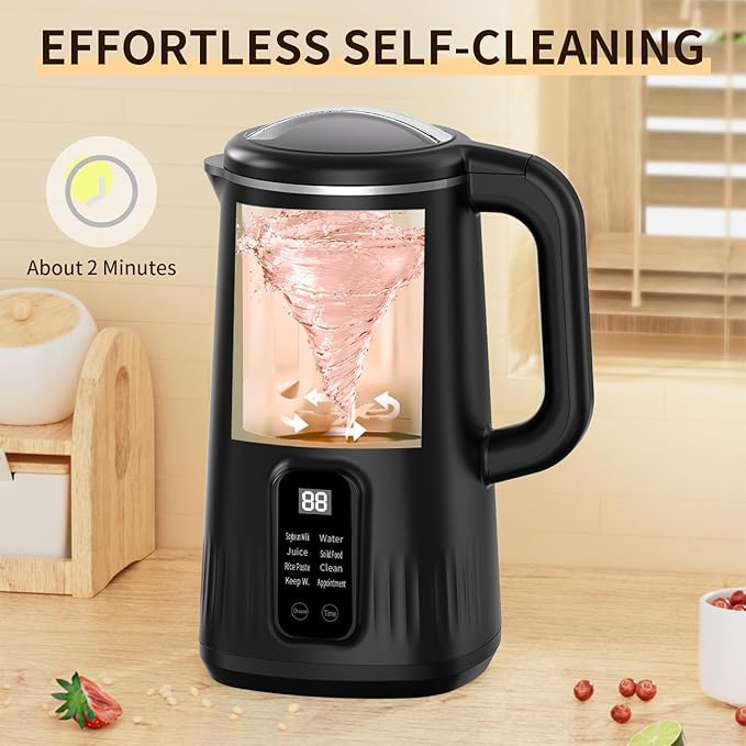 Nut Milk Maker Machine 28oz 8-in-1 Automatic Silent Soy Milk Maker for Homemade Almond Oat Coconut &amp Plant-Based Drinks with Delay Start/Keep Warm/Self-Cleaning/Boil Water (Black)
