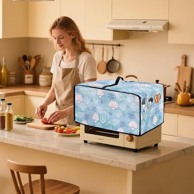 Toaster Oven Cover Faux Linen Polyester Appliances Dust Cover for Convection Toaster Oven Air Fryer with Top Handle Side Pockets Shell Print