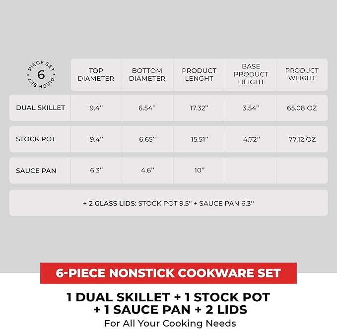BRA COOKWARE Premiere &amp Infinity 6-Piece Nonstick Cookware Set | Cast Aluminum Pots &amp Pans Set w/ 1 Dual Skillet 1 Pot 1 Saucepan 2 Lids | 3-Layer NonStick | All Stovetops | PFOA Free