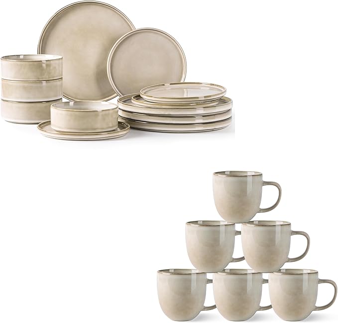AmorArc 12 pcs Ceramic Dinnerware Sets with 6pcs Coffee mugsHandmade Reactive Glaze Plates and Bowls Sets Dishwasher &amp Microwave Safe Dishes Set Service for 4