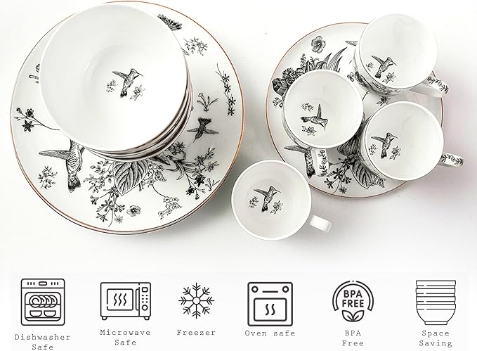 Botanic Plates and Bowls Sets Dishes Set for 4 Ceramic Plates and Bowls Set Service for 4 Bone China Dinnerware Set Salad Dessert Plates and Cereal Bowls Set Microwave safe by KOKEN