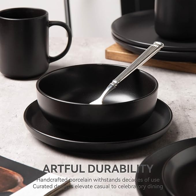 12-Piece Matte Black Dinnerware SetStoneware Dinnerware for 3 Microwave &amp Dishwasher Safe Stackable Design for Kitchen and Dining - PlatesBowls and Mugs
