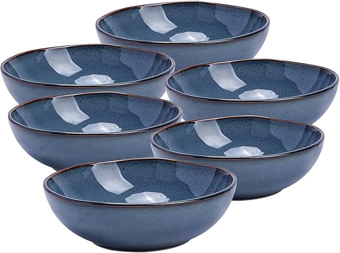 Organic Shape Highland Ceramic Soup/pasta Bowl 6pcs Reactive Glaze 8inch Bowls with Wavy Edge for Kitchen Microwave &amp Dishwasher Safe Scratch Resistant-Blue
