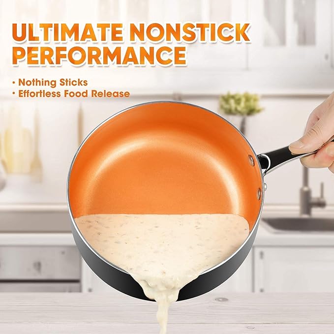 MICHELANGELO 8 Inch Frying Pan + 1 Quart Saucepan with Lid 2-Piece Copper Nonstick Cookware Set with Lid