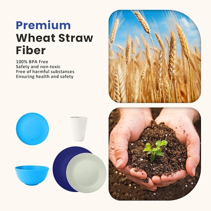 Homienly 40 PCS Wheat Straw Plates and Bowls Sets Cups Sets Service for 8 Unbreakable Microwave and Dishwasher Safe Dinnerware SetsReusbale Plastic Dishes Set - Island Matte