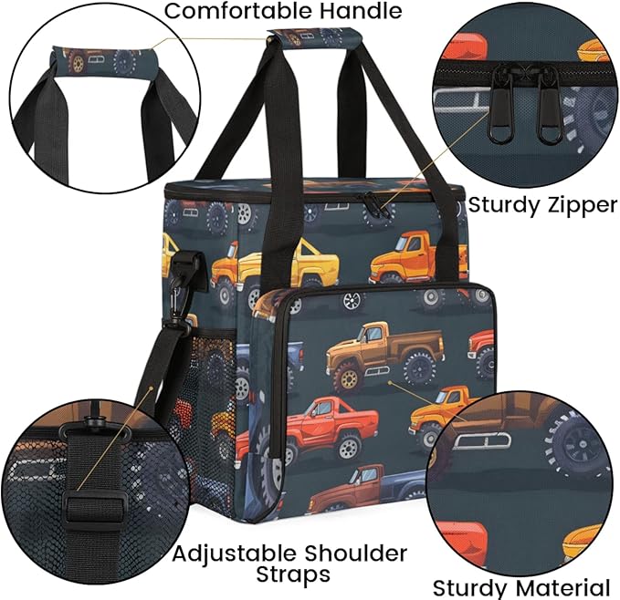 Trucks Theme Coffee Maker Travel Bag for Keurig K-Mini/K-Mini Plus Insulated Waterproof Tote with Pockets for K-Cup Portable Single-Serve Brewer Case