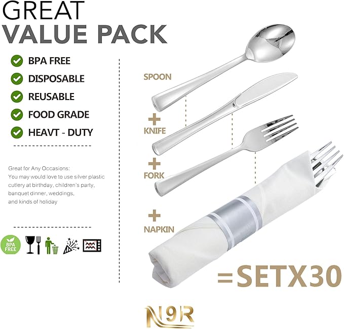 N9R 30 Pack Pre Rolled Silver Plastic Cutlery Set Wrapped Plastic Silverware Set with 30 Forks 30 Knives 30 Spoons and 30 Napkins Disposable Cutlery Set for Party and Wedding