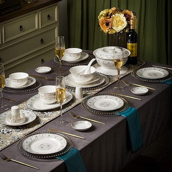 Dinnerware Set Ceramics Dinnerware Set with 50-PieceBowl/Stockpot/Dish/Spoon|Bone China Dinner Sets Rim Porcelain Combination Set Plates