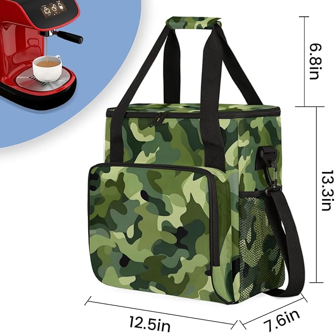 Green Camo Coffee Maker Travel Bag for Keurig K-Mini/K-Mini Plus Insulated Waterproof Tote with Pockets for K-Cup Portable Single-Serve Brewer Case