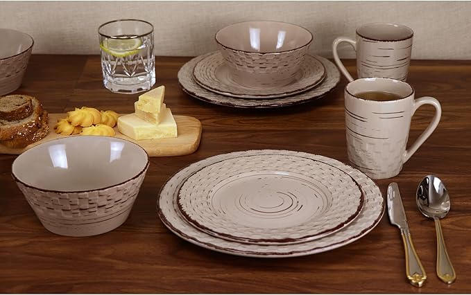 Lorren Home Trends 16 Piece Distressed Weave Dinnerware Set-Mocca