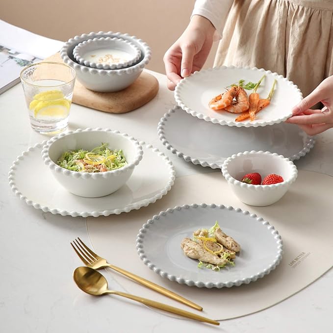 Ceramics Dinner Sets22 Pieces Creativity Pearl Edge Porcelain Dinnerware Set|Steak Plate and Cereal Bowl for Family Gathering and Wedding Gifts