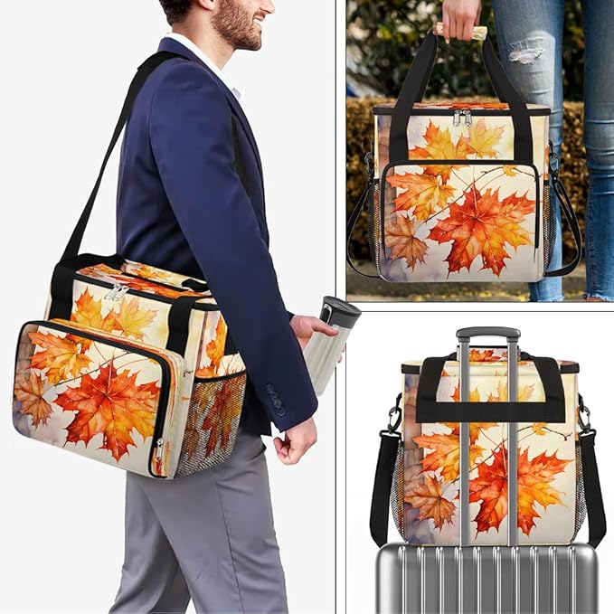 Autumn Maple Leaf Watercolor Coffee Maker Carring Bag Travel Carrying Storage Tote Bag Compatible with Keurig K-Mini or K-Mini Plus Portable Single Serve Coffee Brewer Case with Pockets