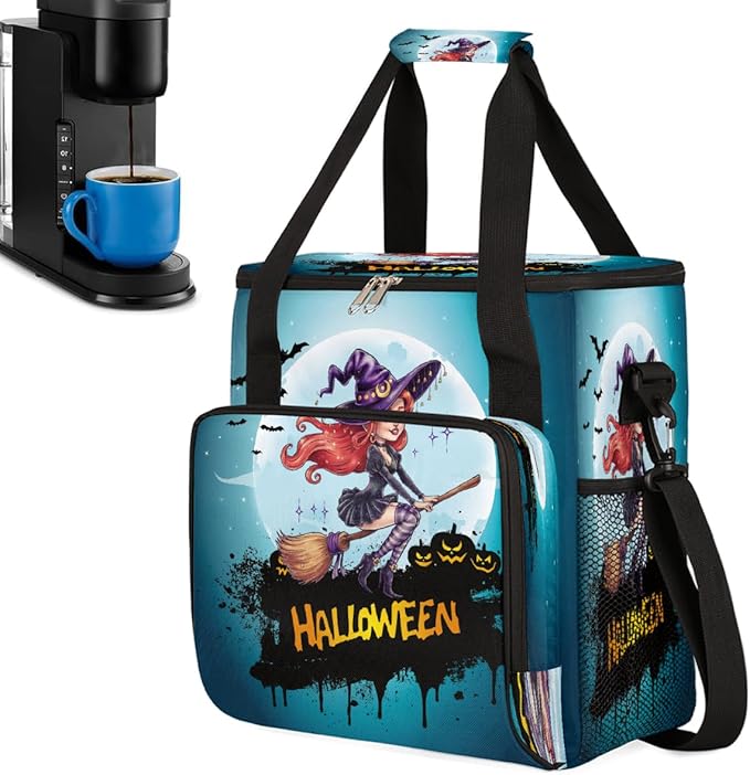 Halloween Witch Broom Moon Coffee Maker Carring Bag Travel Carrying Storage Tote Bag Compatible with Keurig K-Mini or K-Mini Plus Portable Single Serve Coffee Brewer Case with Pockets for K-cup Pods