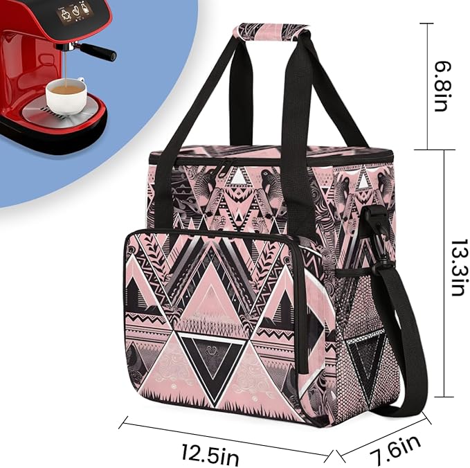 Pink Ethnic Aztec Coffee Maker Carrying Bag Black Geometry Travel Storage Bag Compatible with K-Mini or K-Mini Plus Single Serve Coffee Brewer Carrying Case with Multiple Pockets &amp Shoulder Stra