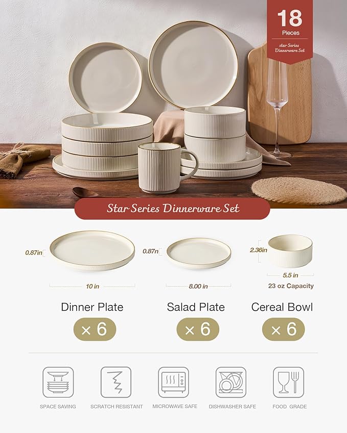 Famiware Star Dinnerware Set with Plates and Bowls Service for 6 (24-Piece) Stoneware Kitchen Dishes Dinner Sets - Vanilla White
