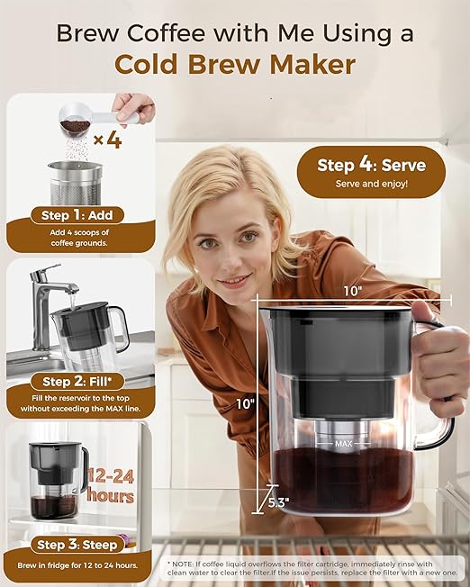 Waterdrop Cold Brew Coffee Maker with 1 Magnesium Water Filter for Well-Balanced Acidity Unlocks Aroma BPA-Free Cold Brew Pitcher Stainless Steel Filter for Iced Coffee Tea Lemonade Black
