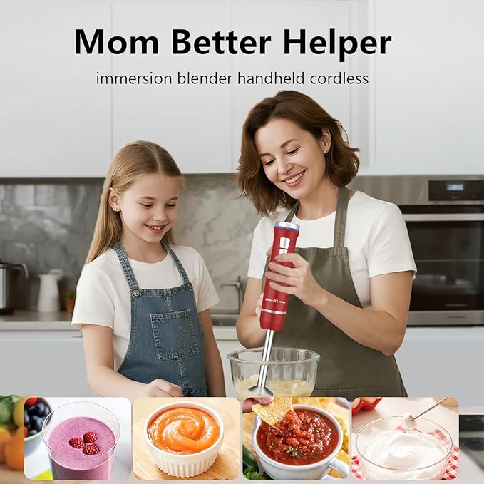 Liebe&ampLecker Immersion Blender Handheld Cordless 3 in 1 Cordless Hand Blender 8 Speed Emulsion Blender Handheld with Whisk Milk Frother for Soup Smoothie Red