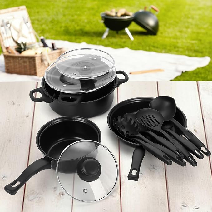 Non-Stick Cookware Set 13 Piece Set Portable Lightweight Cast Iron Pots and Pans with Glass Lids and Nylon Utensils for Outdoor Camping Picnic Travel Cookware Black