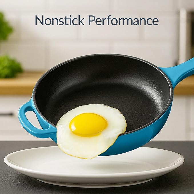 Best Choice Products Non-Stick Pot &amp Pan Cookware Set Cast Iron 2Qt Skillet W/Lid 10 Grill Or Griddle Pan W/Press 6Qt Enameled Dutch Oven Non-toxic For Cooking &amp Grilling - Blue