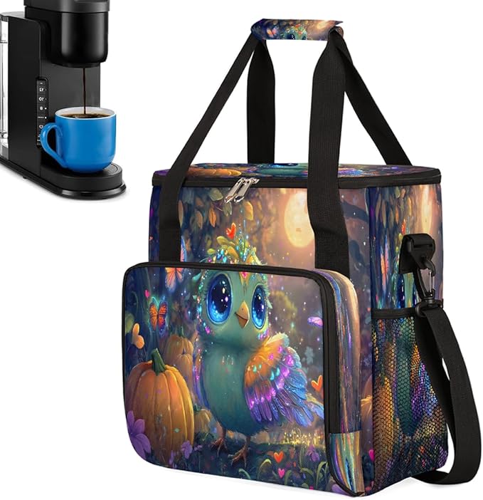 Pretty Bird Pumpkin Butterfly Coffee Maker Carring Bag Travel Carrying Storage Tote Bag Compatible with Keurig K-Mini or K-Mini Plus Portable Single Serve Coffee Brewer Case with Pockets
