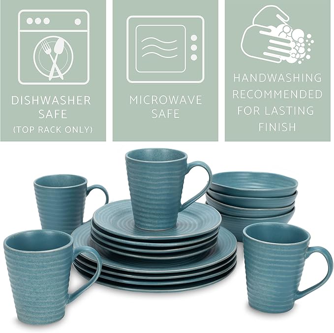 Elanze Designs Charming Chic Ribbed Modern Thrown Pottery Look Ceramic Stoneware Plate Platter Mug &amp Bowl Kitchen Dish Dinnerware 16 Piece Set - Service for 4 Turquoise