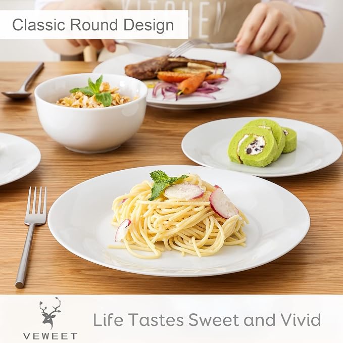 VEWEET Dinner Service 18-Piece Porcelain Tableware Set Basic Series with 6 Cereal Bowls Dessert Plates and Flat Plates for 6 People