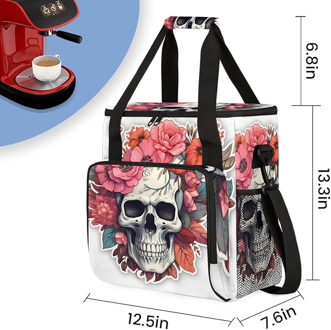 Skull Floral Coffee Maker Carrying Bag Portable Travel Storage Tote Bag Compatible with K-Mini or K-Mini Plus Single Serve Coffee Brewer Carrying Case with Multiple Pockets &amp Shoulder Strap
