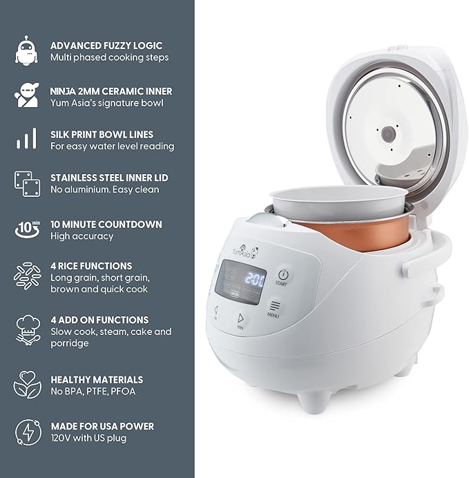 Yum Asia Panda Mini Rice Cooker With Ninja Ceramic Bowl and Advanced Fuzzy Logic (3.5 cup 0.63 litre) 4 Rice Cooking Functions 4 Multicooker functions Digital LED display - 120V