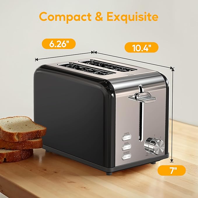 HealSmart 2-Slice Stainless Steel Toaster 6 Browning Setting and 3 Function Toaster Extra Wide Slot &amp Removable Crumb Tray for Bread &amp Waffle Black