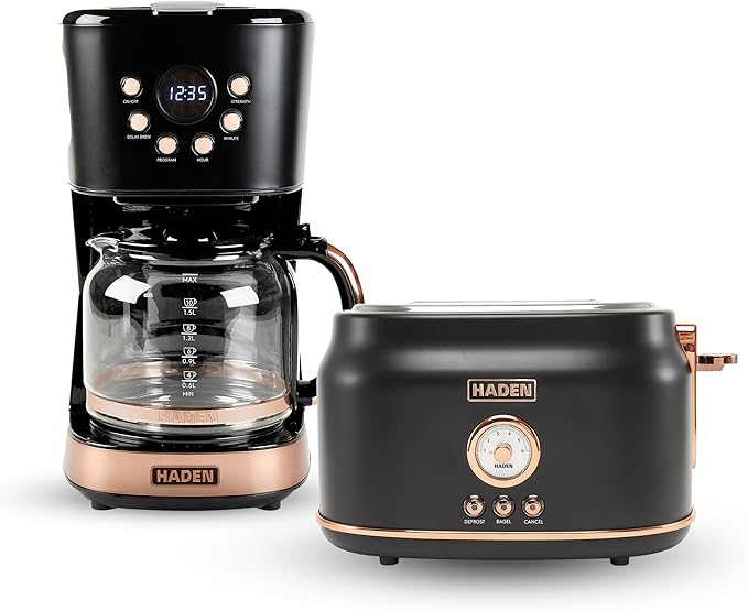 Haden Dorset 2 Slice Wide Slot Stainless Steel Toaster Bundled with 12 Cup Programmable Drip Coffee Maker Coffee Machine Black &amp Copper
