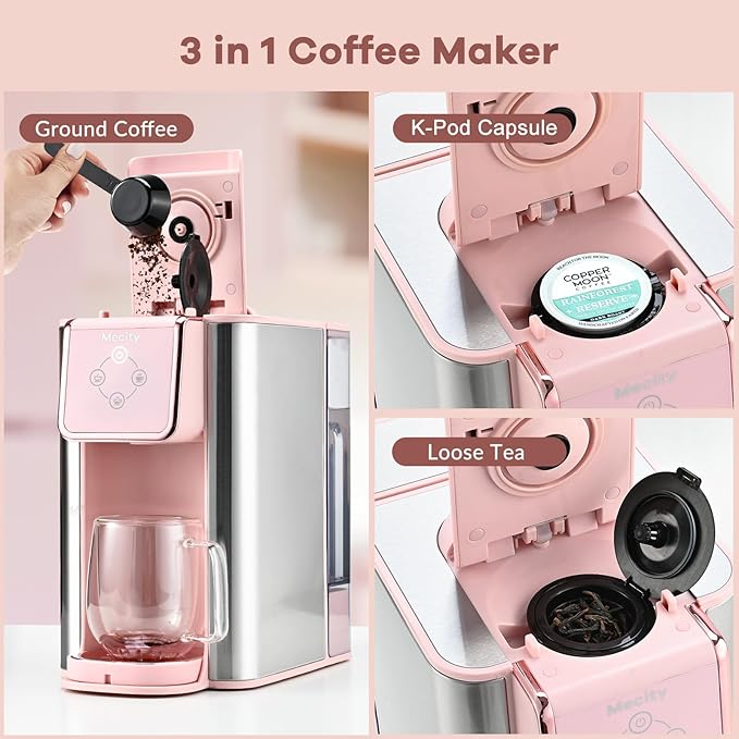 Mecity Pink Coffee Maker 3-in-1 Single Serve Coffee Machine For Flat Bottom Coffee Capsule Ground Coffee 6 to 10 Ounce Cup Removable 50 Oz Water Reservoir 120V 1150W