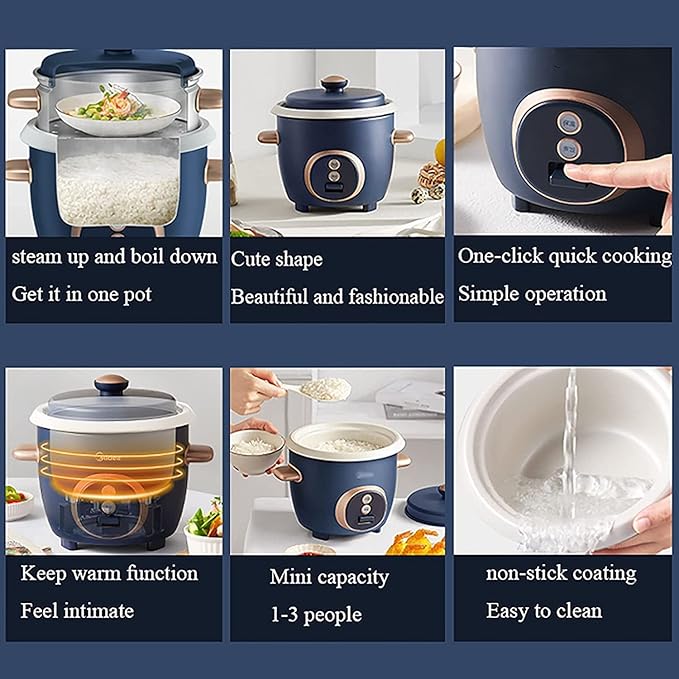 Mini Rice Cooker with Steamer Stainless Steel Rice Cooker Non-Stick Linerfor Family Dormitory for 1-3 People