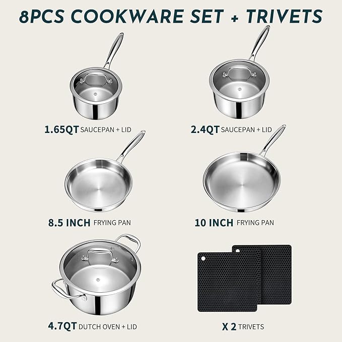 3 Ply Stainless Steel Cookware Set AIVIKI 10-Pieces Pots and Pans Set Induction Kitchen Cookware Set Oven Safe to 500℉ Chef Quality Cooking Set w/Fry Pans Saucepans Dutch Oven Kitchen Essential