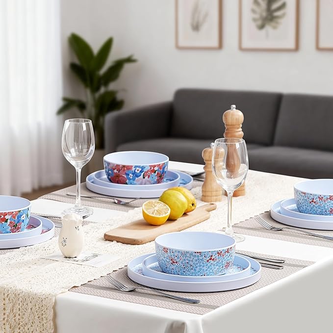 Spring Flower Melamine Dinnerware Set for 4 12 Piece Floral Plates and Bowls Set Dishwasher Safe Lightweight Dishes Straight Edge Tableware for Kitchen Indoor Outdoor RV Camping Picnic Gift