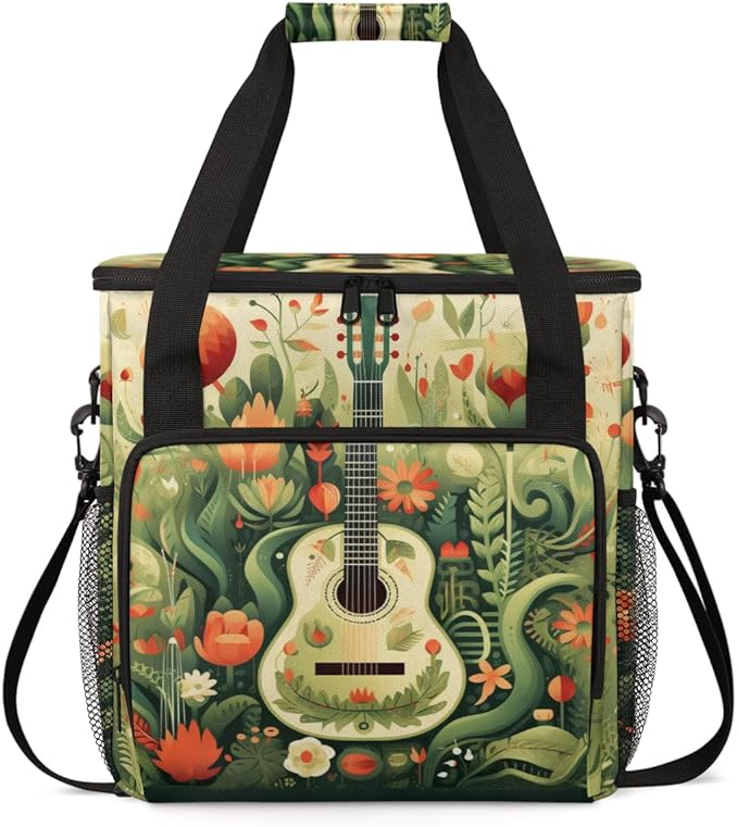 Retro Guitar Coffee Maker Carrying Bag Tropical Leaves Travel Storage Bag Compatible with K-Mini or K-Mini Plus Single Serve Coffee Brewer Carrying Case with Multiple Pockets &amp Shoulder Strap